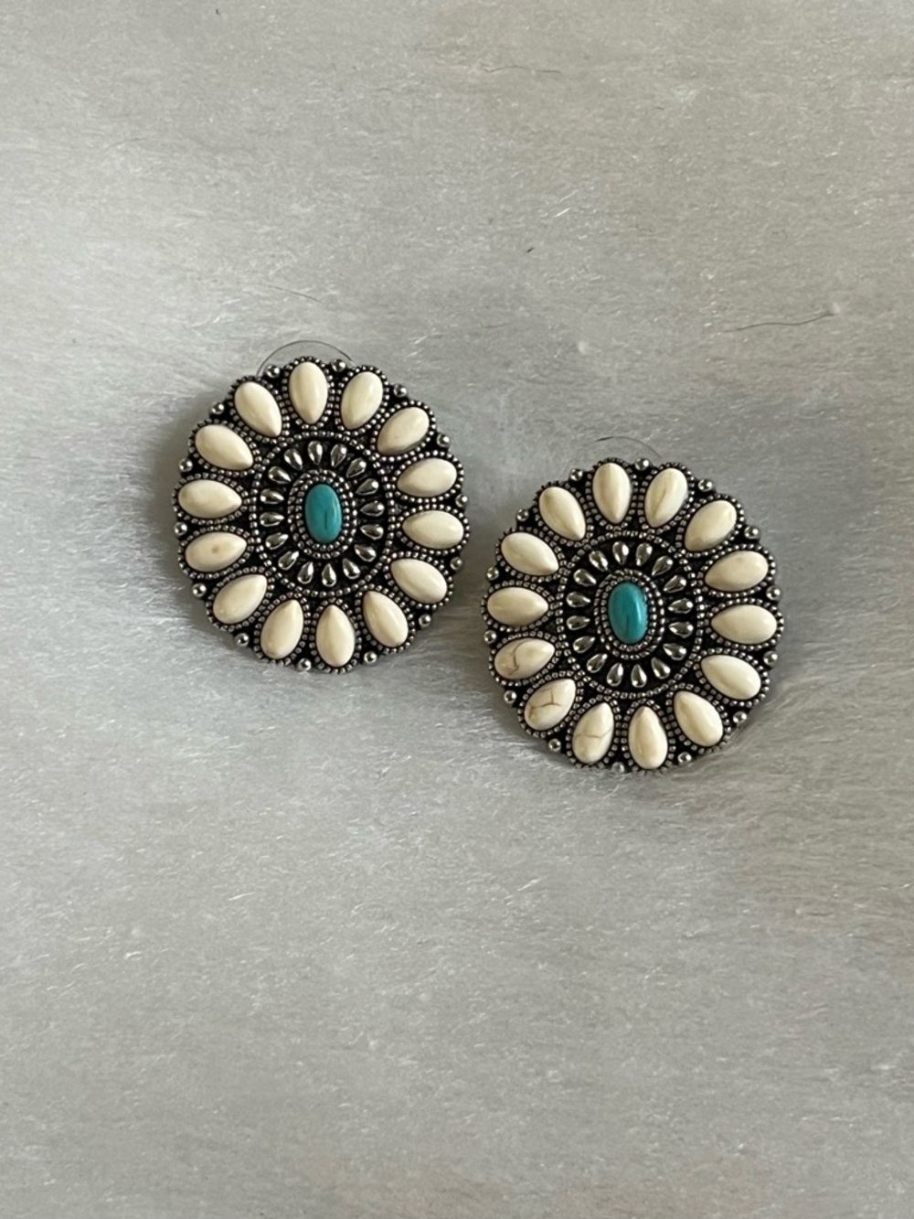 Turquoise & Ivory Round Floral Statement Earrings